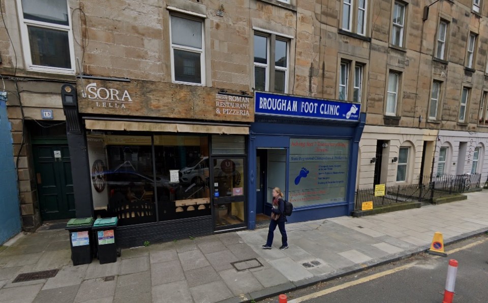 Sora Lella vegan Roman restaurant and pizzeria and Brougham Foot Clinic next to each other.
