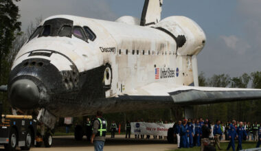 CHANTILLY, VA - APRIL 19: The Space Shuttle Discovery is towed up to an event at the Smithsonian National Air and Space Museum Steven F. Udvar-Hazy Center April 19, 2012 in Chantilly, Virginia. The space shuttle Discovery is the he oldest and most traveled vehicle from NASA's space shuttle program, and will replace the Interprise at the museum.  (Photo by Mark Wilson/Getty Images)