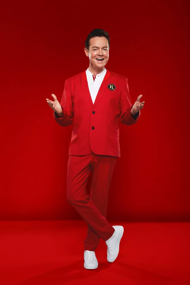 Stephen Mulhern in a red suit.