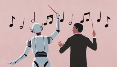 Orchestra conductor watching AI robot conduct music notes on beige background - stock illustration
