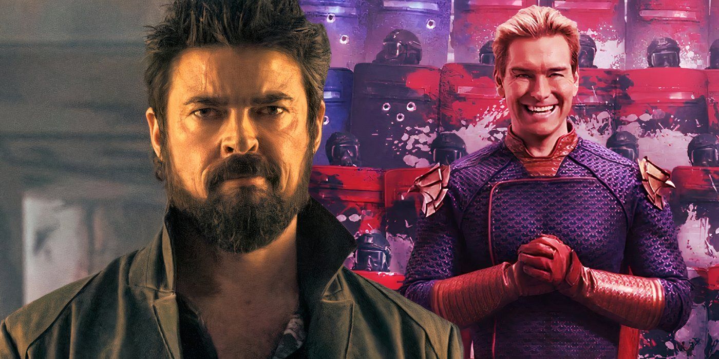 A composite image of Butcher looking forward with a serious look in front of a smiling Homelander as he cracks his knuckles in The Boys