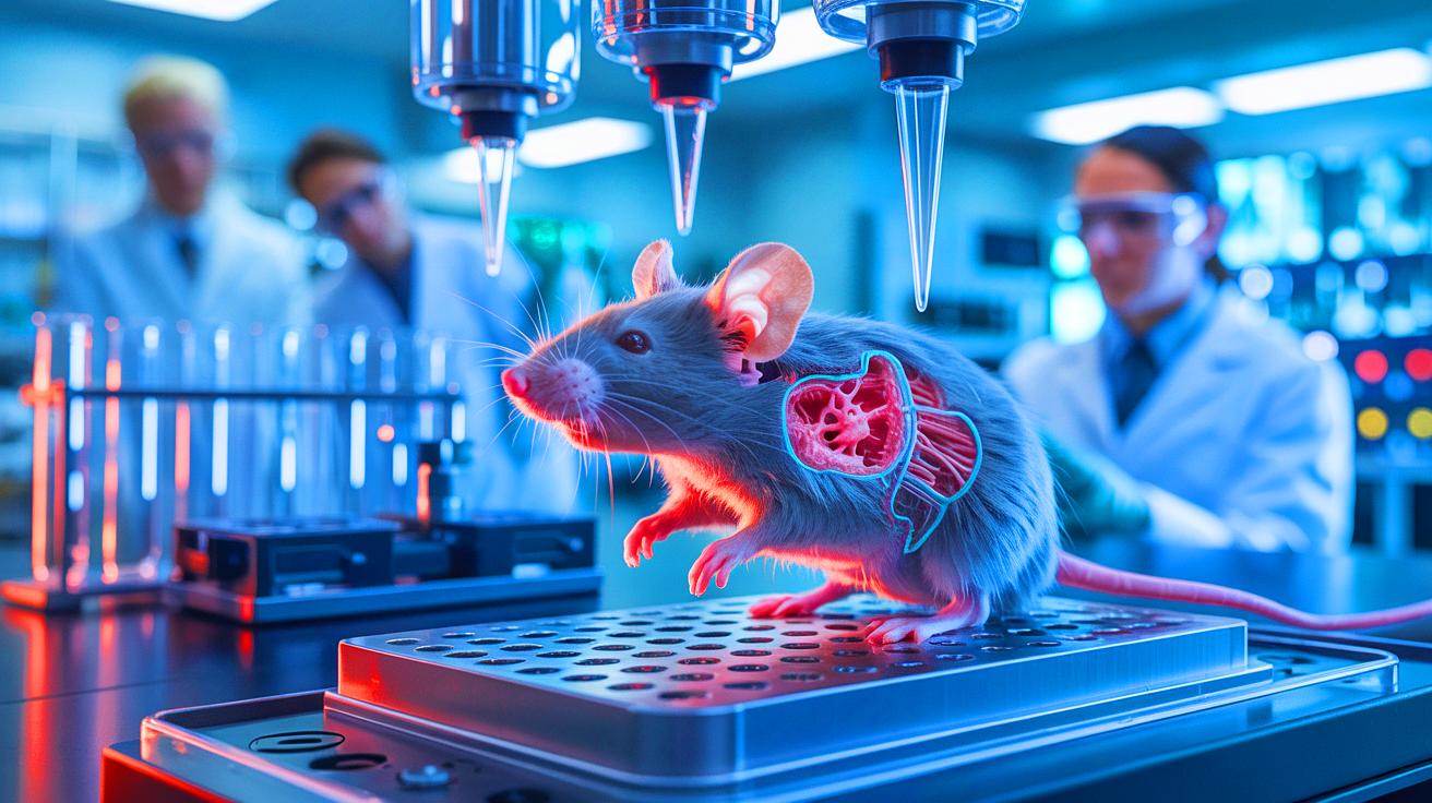 Illustration of genetic reactivation in mice enabling tissue regeneration. Image generated by AI.