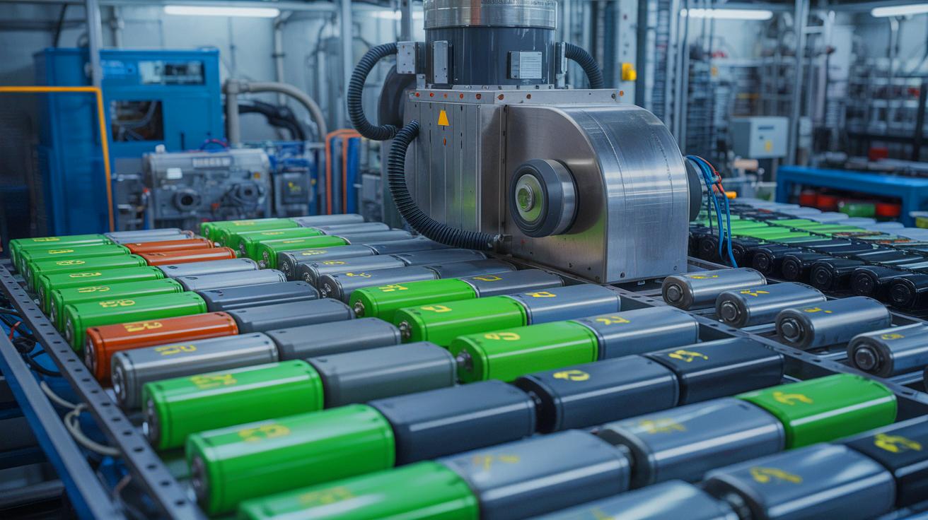 Illustration of an innovative, eco-friendly method for recycling lithium-ion batteries, generated by artificial intelligence.