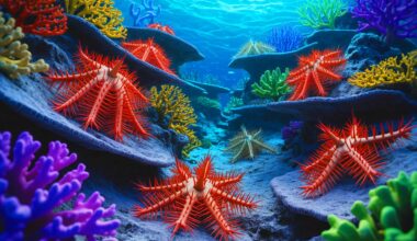 Illustration of sea stars using spines to communicate and control reefs, highlighting their complex chemical signaling, generated by artificial intelligence.