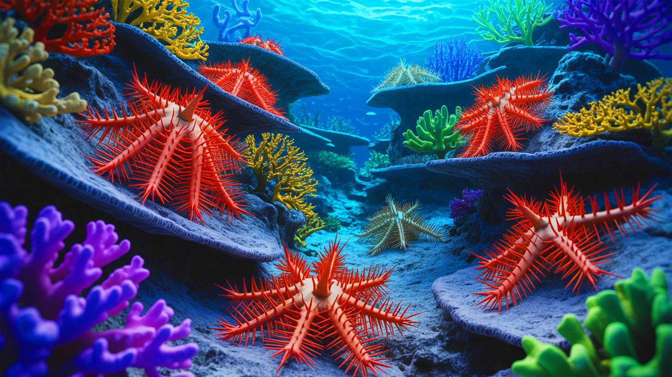 Illustration of sea stars using spines to communicate and control reefs, highlighting their complex chemical signaling, generated by artificial intelligence.
