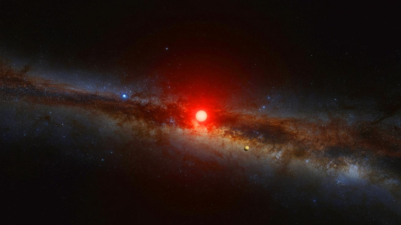 Illustration of the discovery of exoplanet AT2021uey b using gravitational microlensing, created through artificial intelligence.