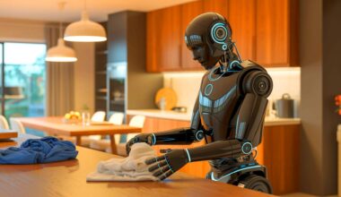 Illustration of a black robot with Vision-Language-Action model performing household tasks, generated by artificial intelligence.