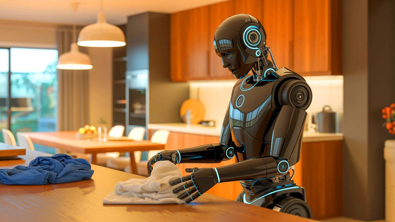 Illustration of a black robot with Vision-Language-Action model performing household tasks, generated by artificial intelligence.