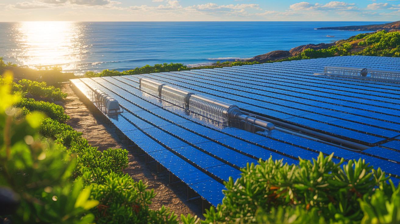 Illustration of a solar desalination system developed by MIT and Shanghai Jiao Tong University, generated by artificial intelligence.