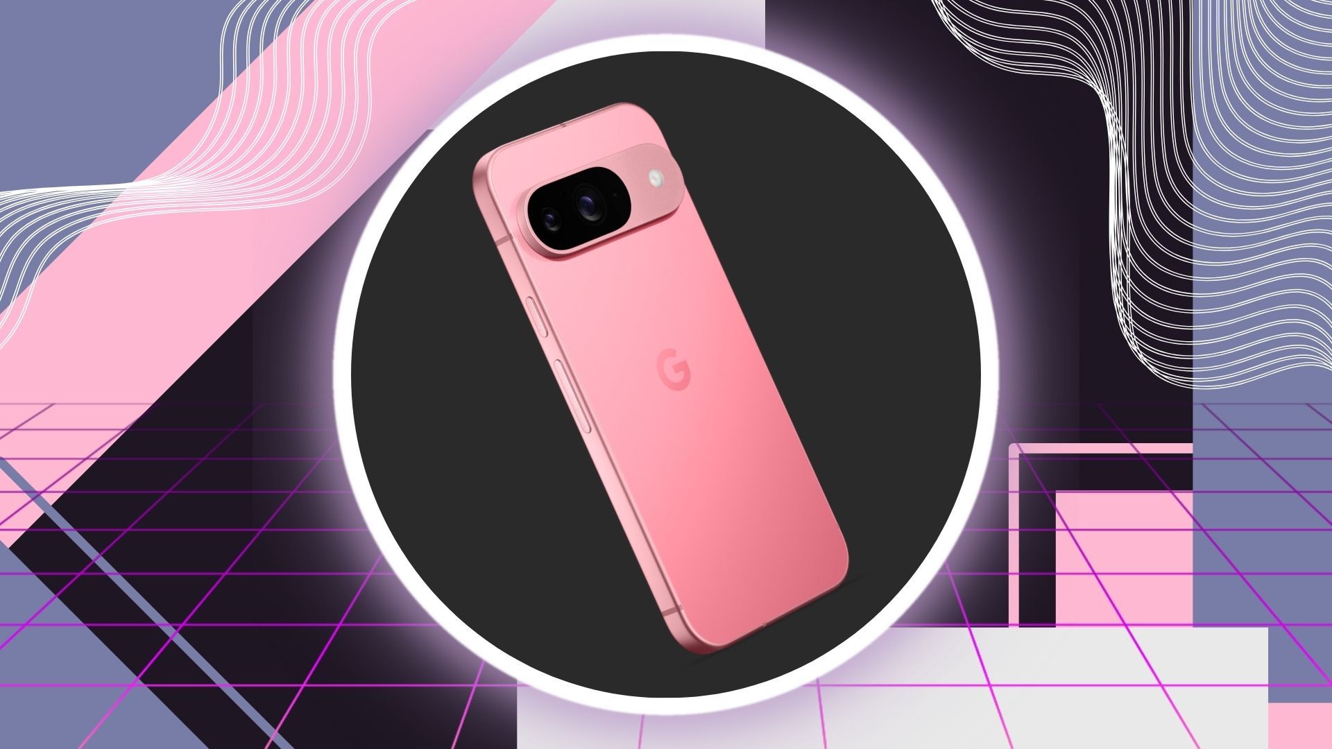 The Google Pixel 9 in pink on a purple background