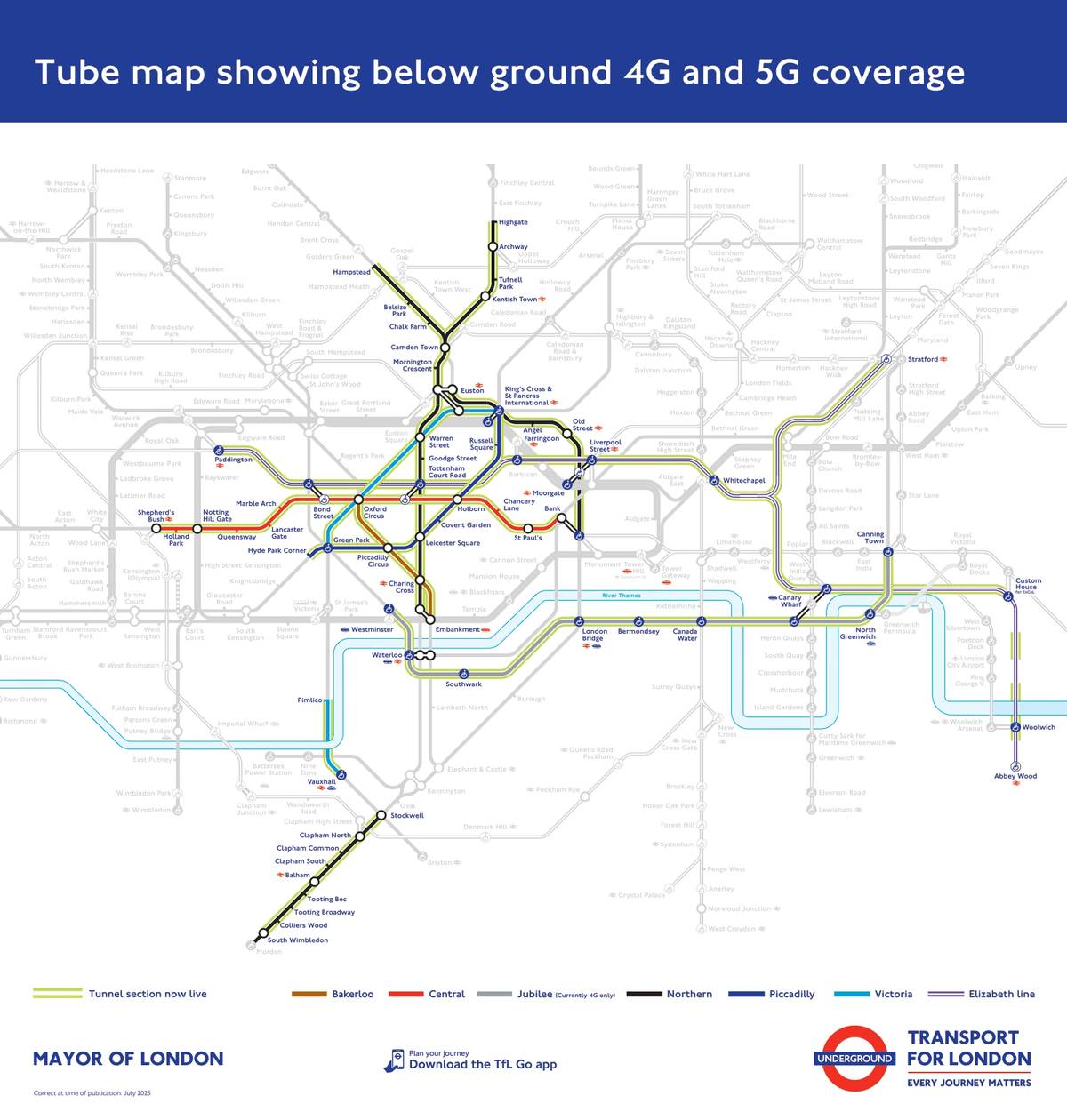 A modified London Underground tube map titled "Tube map showing below ground 4G and 5G coverage" as of July 2025. It highlights sections of tunnel where mobile network coverage is available. Lines with active coverage are shown with a green outline labeled "Tunnel section now live." The map shows key central London lines including Bakerloo (brown), Central (red), Jubilee (grey, with coverage only between Westminster and Canning Town), Northern (black), Piccadilly (dark blue), Victoria (light blue), and the Elizabeth line (purple). Most of the live coverage is concentrated in central London, especially around stations like Oxford Circus, King's Cross St Pancras, Liverpool Street, and London Bridge. Stations and lines not yet covered are greyed out. The map also promotes the TfL Go app and is co-branded by the Mayor of London and Transport for London.