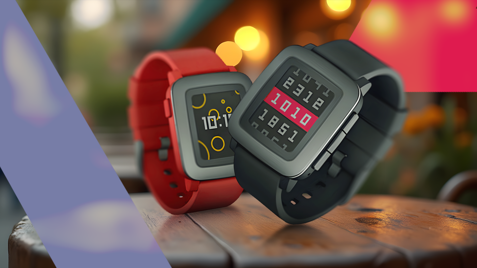 Two Pebble watches on a wooden table with a bokeh background