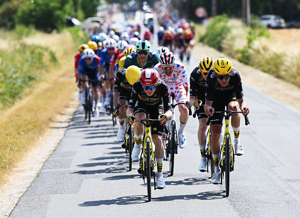 CHATEAUROUX, FRANCE - JULY 13: (L-R) Jonas Vingegaard of Denmark and Tiesj Benoot of Belgium and Team Visma
