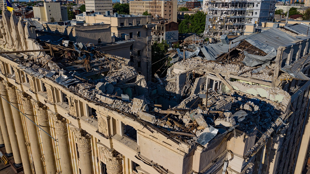 A destroyed building in Ukraine.