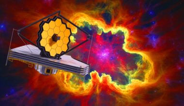 Illustration of the James Webb Space Telescope revealing star formation in the Cat's Paw Nebula, created by artificial intelligence.