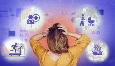 Composite image shows the back of a woman's head with icons around her representing exercise, child care and cleaning