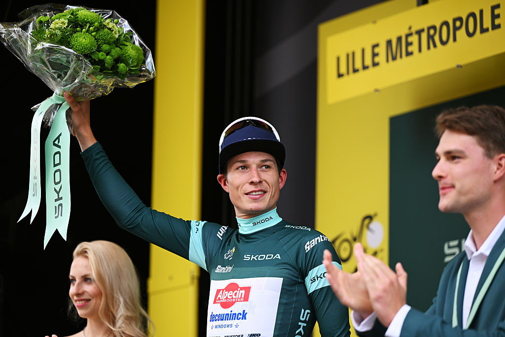 LILLE, FRANCE - JULY 05: Jasper Philipsen of Belgium and Team Alpecin - Deceuninck celebrates at podium as Green Sprint Jersey winner during the 112th Tour de France 2025, Stage 1 a 184.9km stage from Lille to Lille / #UCIWT / on July 05, 2025 in Lille, France. (Photo by Dario Belingheri/Getty Images)
