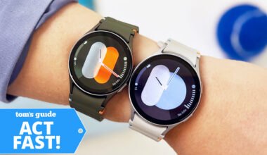 Close up of the Samsung Galaxy Watch 7 in 40mm and 44mm on a user's wrist with a Tom's Guide &quot;Act Fast!&quot; deal badge to the left