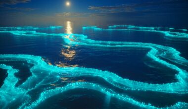 Illustration of a bioluminescent phytoplankton bloom off Australia's southern coast, visible from space, generated by artificial intelligence.