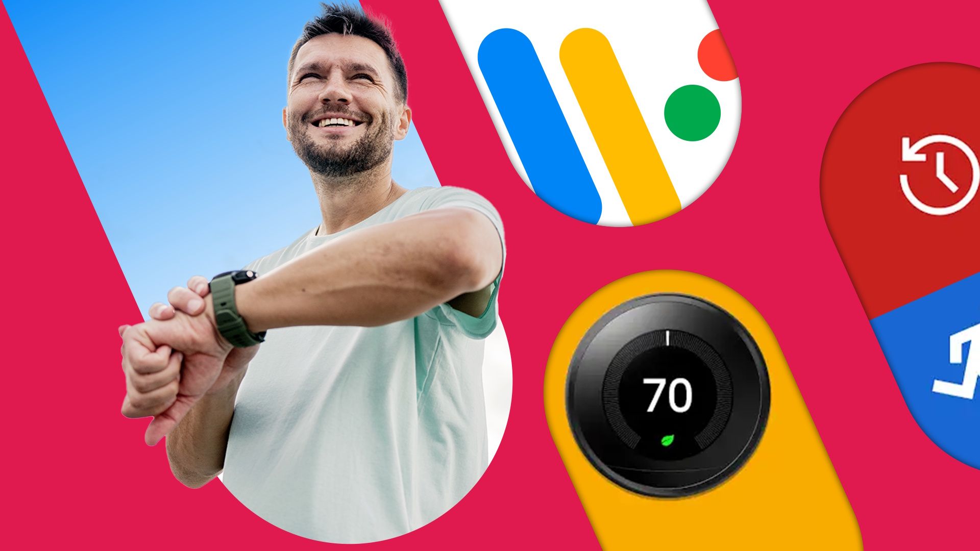 A smiling man checks his smartwatch, surrounded by colorful cutout shapes featuring Wear OS icons.