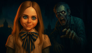 A digital illustration with various elements from films on a what to watch list for July 2025.