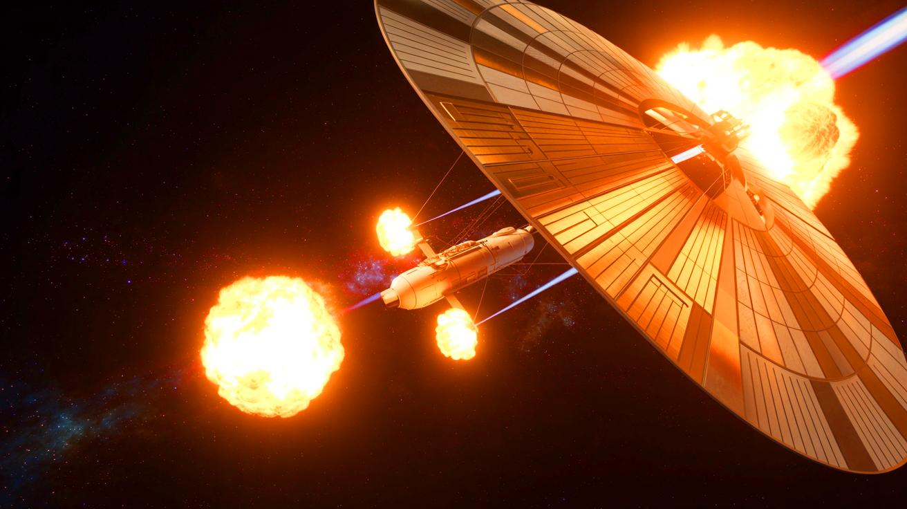 Illustration of nuclear-powered spacecraft propelled by solar sails in space, generated by artificial intelligence.