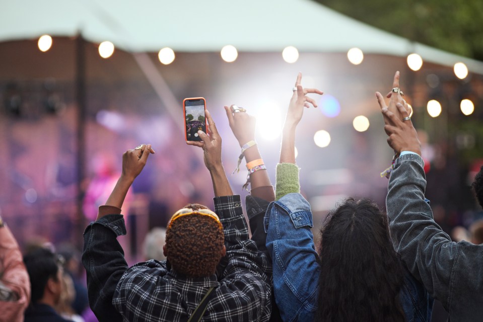 Person at a music festival photographing the performance on their smartphone.