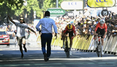 Anti-Israel protestor on finish at Tour de France