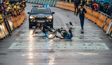 “Prankster” invades Tour de France finish on bike and tackled by police after jumping barriers moments before sprint
