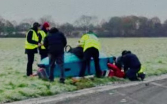 Still image from the documentary "Flintoff" showing Andrew Flintoff after a car crash.