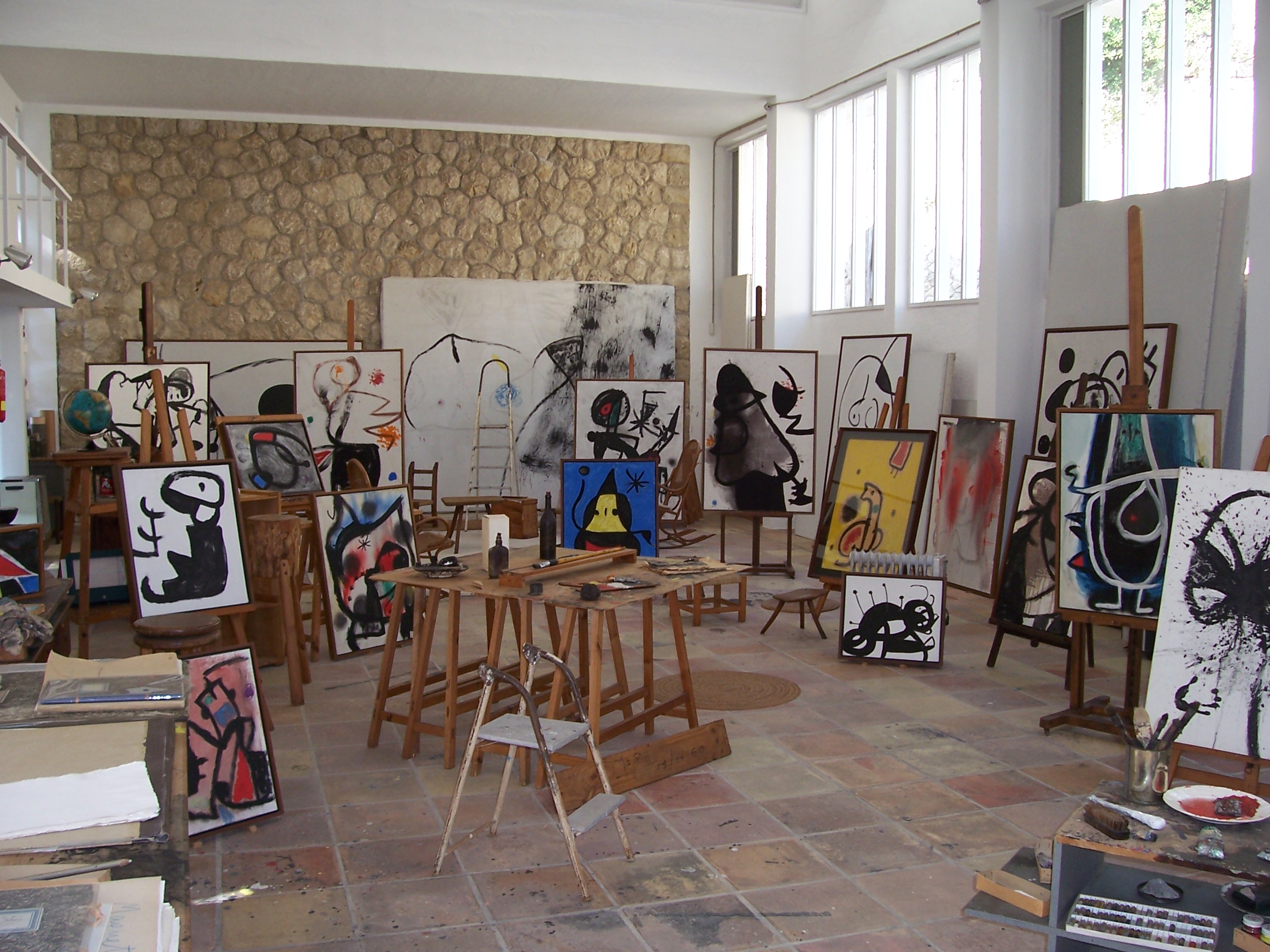 Joan Miró's studio in Palma, Majorca, filled with paintings on easels.