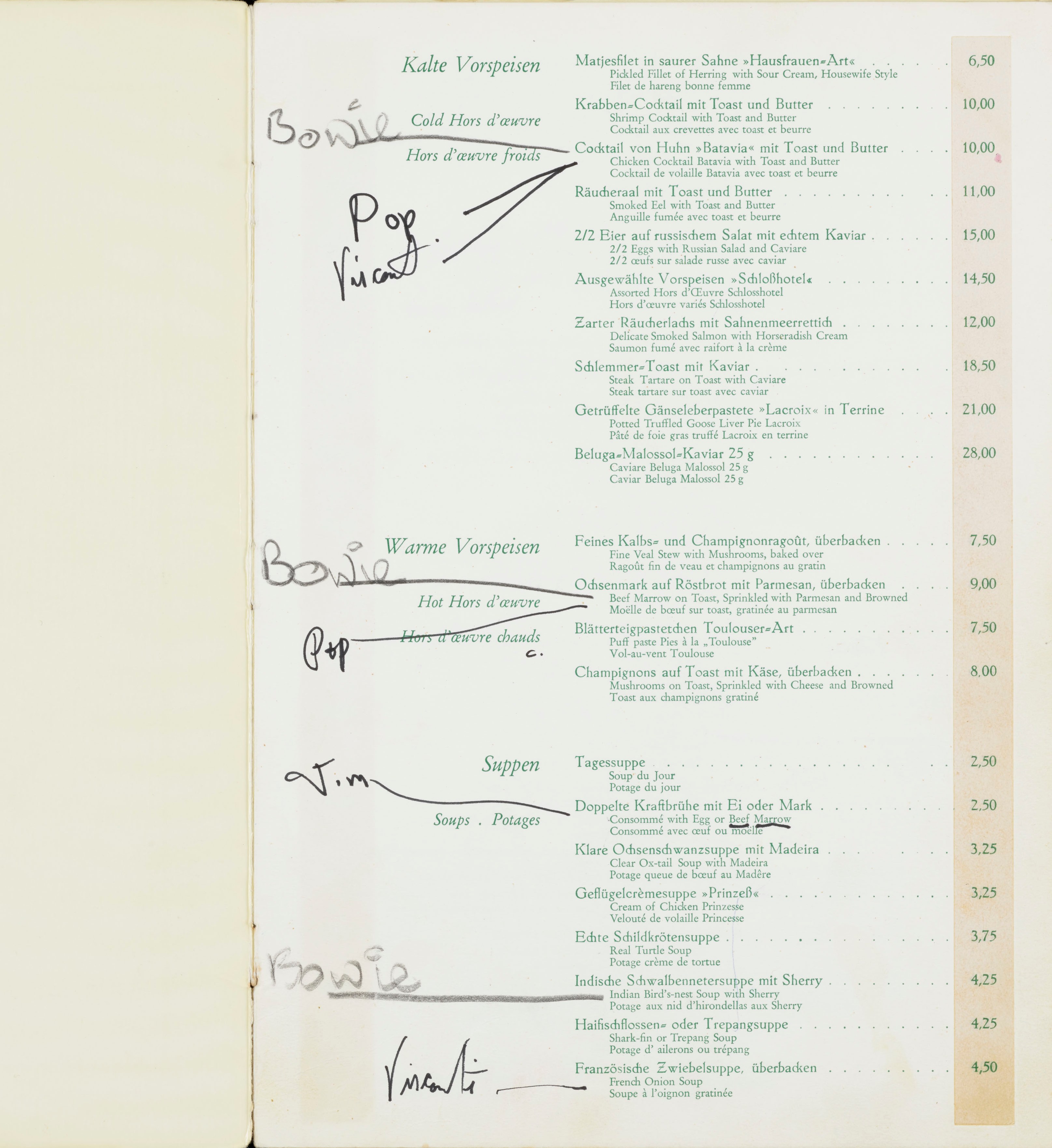David Bowie's SchlossHotel Gehrhus menu, Berlin 1977.