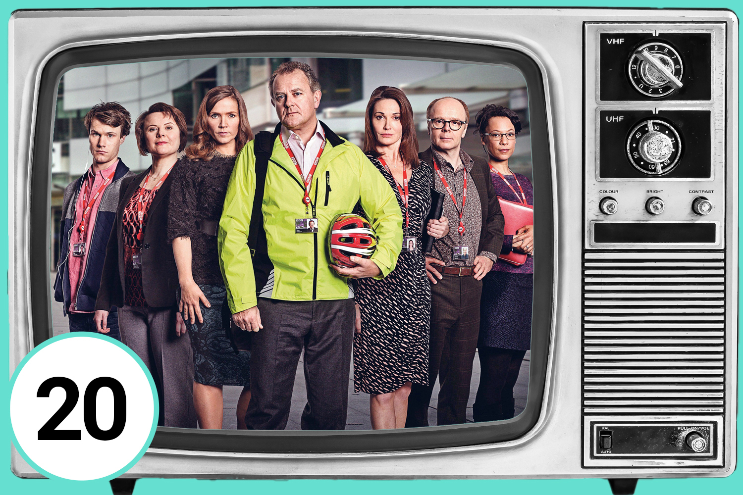 Illustration of the W1A TV show cast on an old television screen.