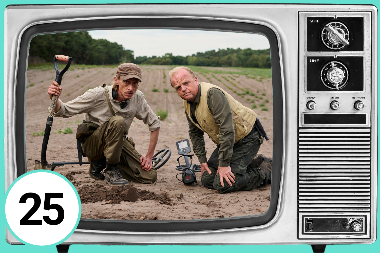 Illustration of Detectorists Christmas Special on a vintage television screen.