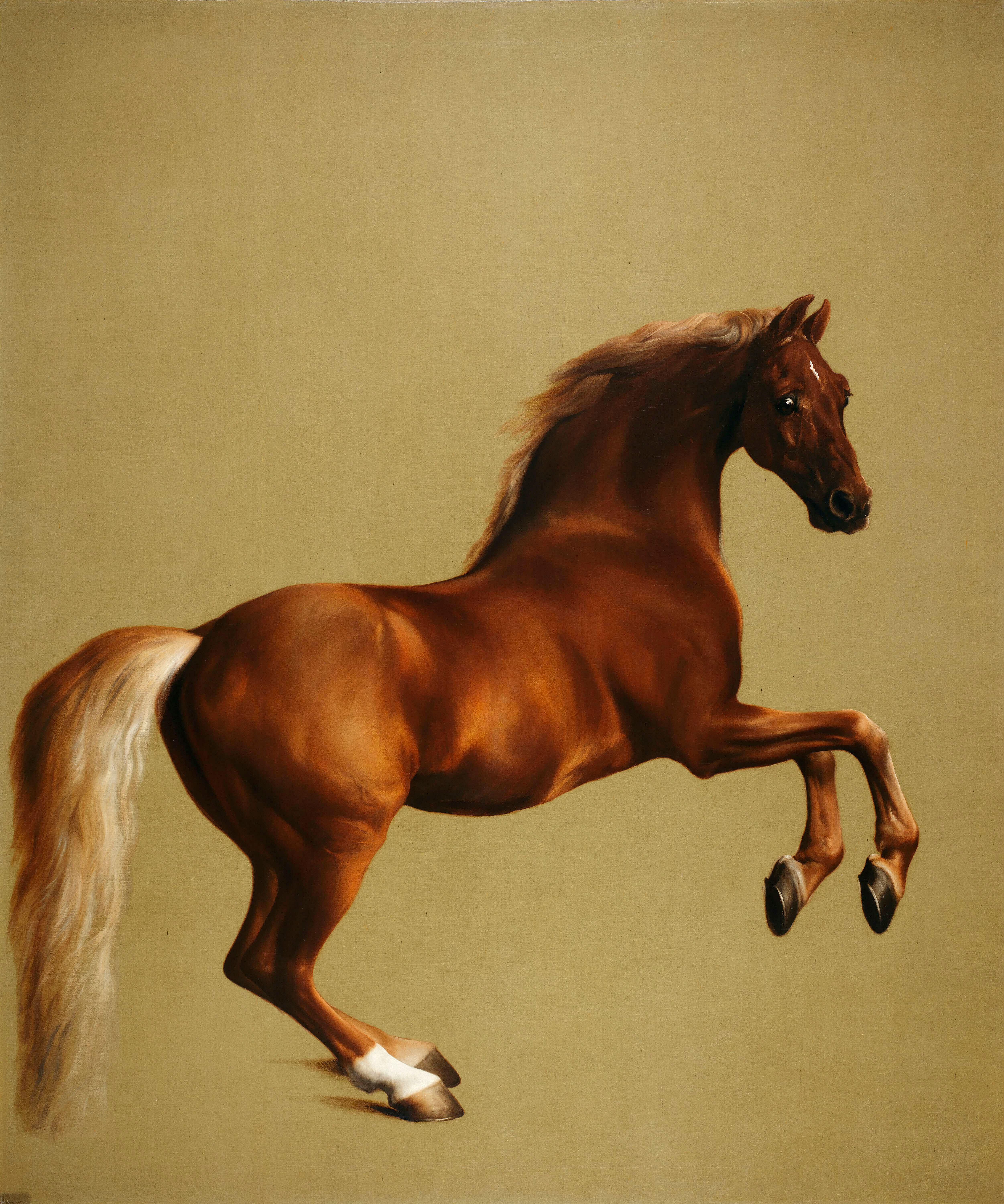 Painting of a brown horse rearing up on its hind legs.