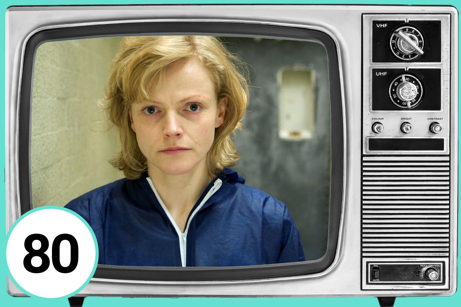 Illustration of Maxine Peake in Criminal Justice on a vintage television screen; number 80.