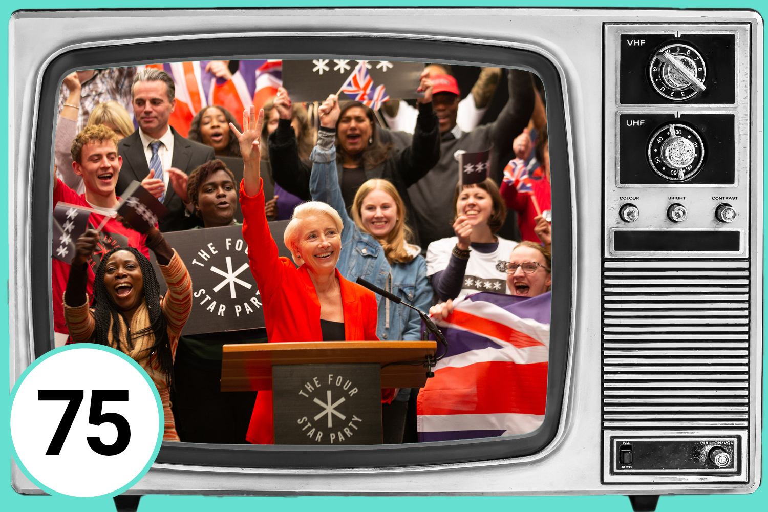 Illustration of Emma Thompson as Vivienne Rook in Years and Years, shown on a vintage television screen.