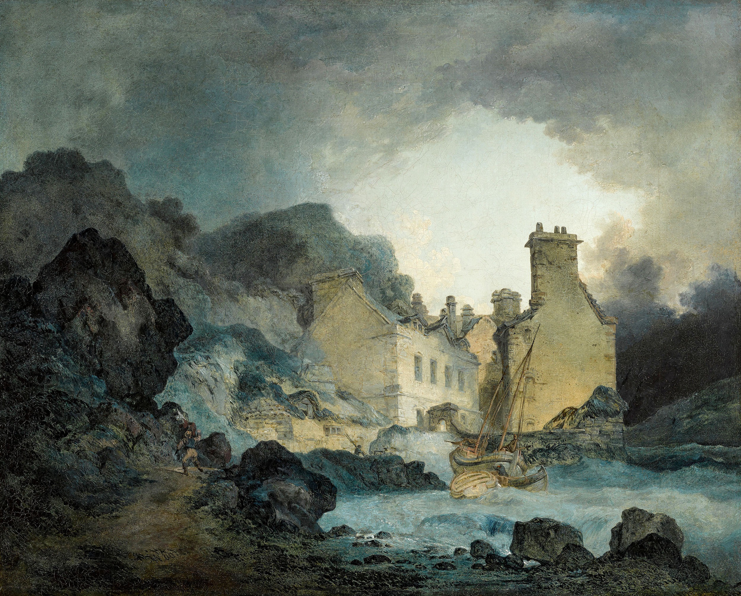 Painting of a stormy seascape with a building and boats.