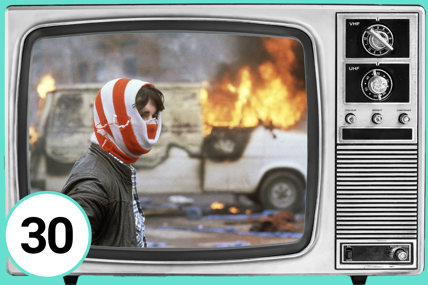 Illustration of a vintage television displaying a photo of a youth in Belfast, 1981, standing in front of a burning van.