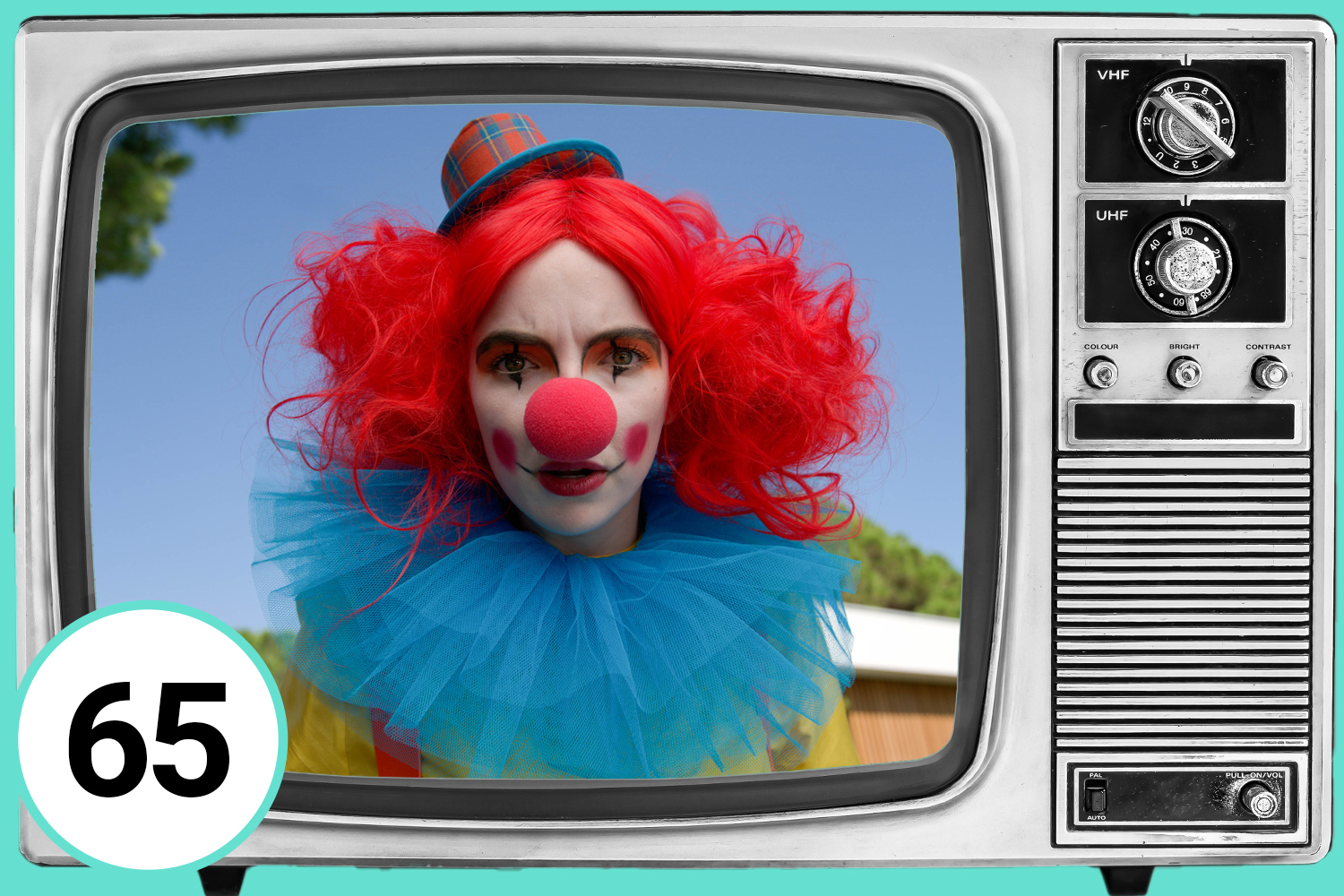 Illustration of Villanelle from Killing Eve season 3, episode 2, dressed as a clown on a vintage television screen. Number 65.