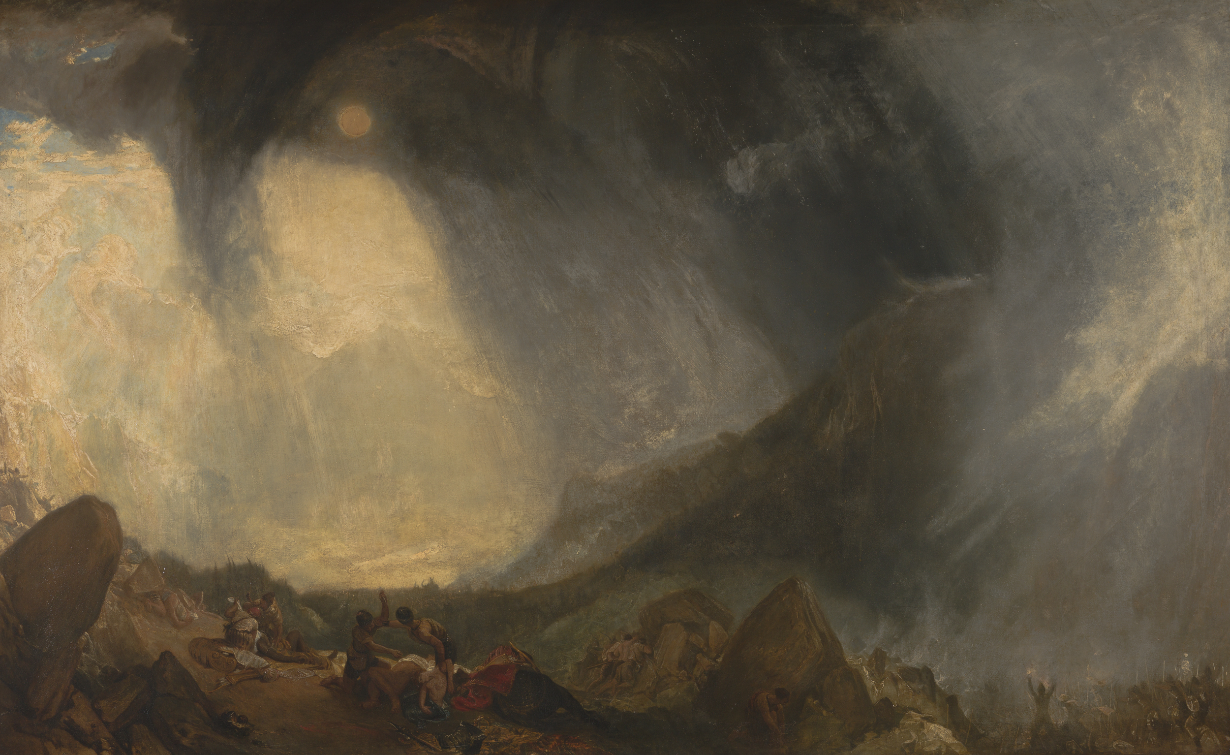 Painting of a stormy mountain landscape with figures in the foreground.