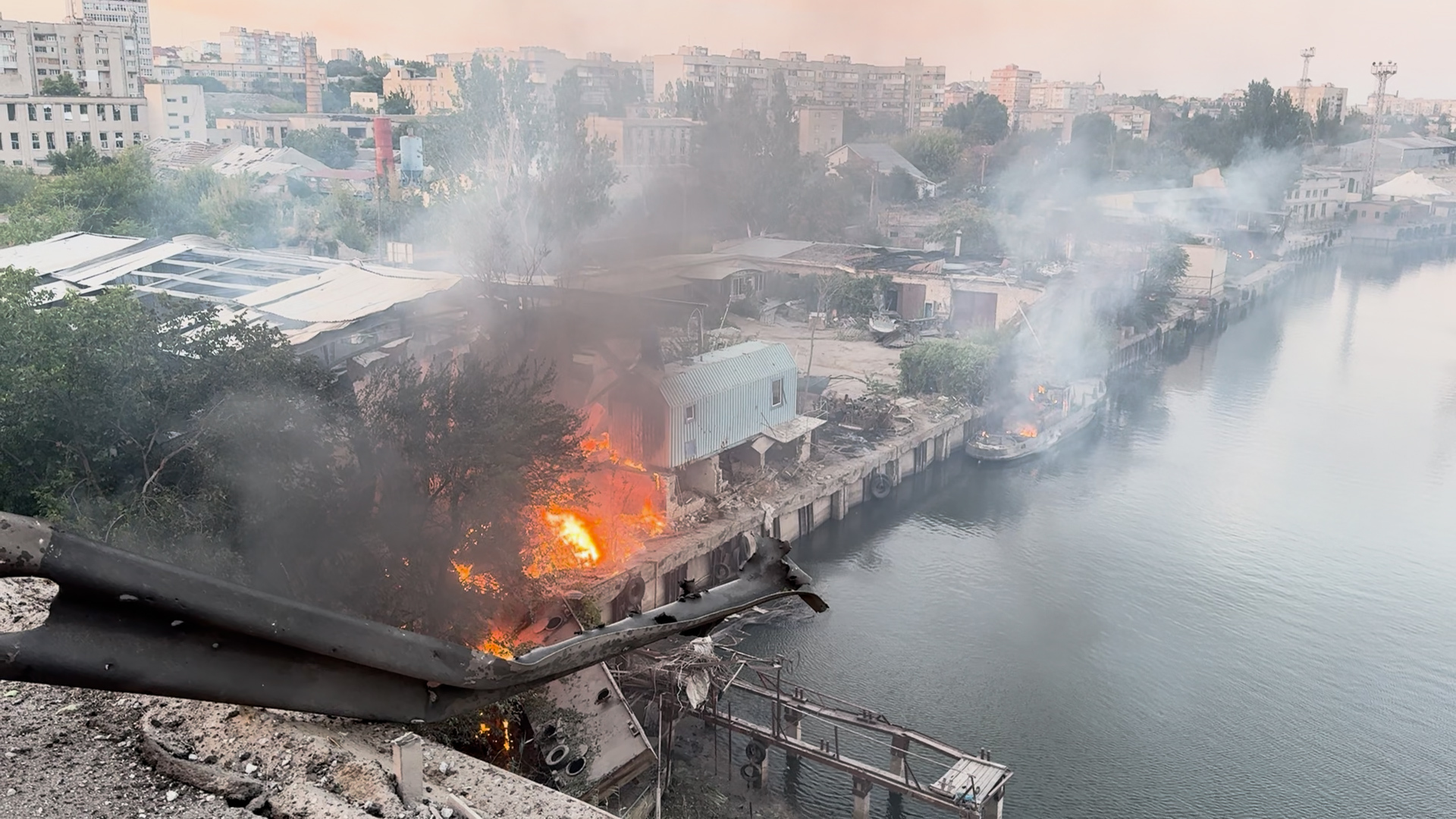 Fire and smoke after a Russian shelling attack in Kherson, Ukraine.