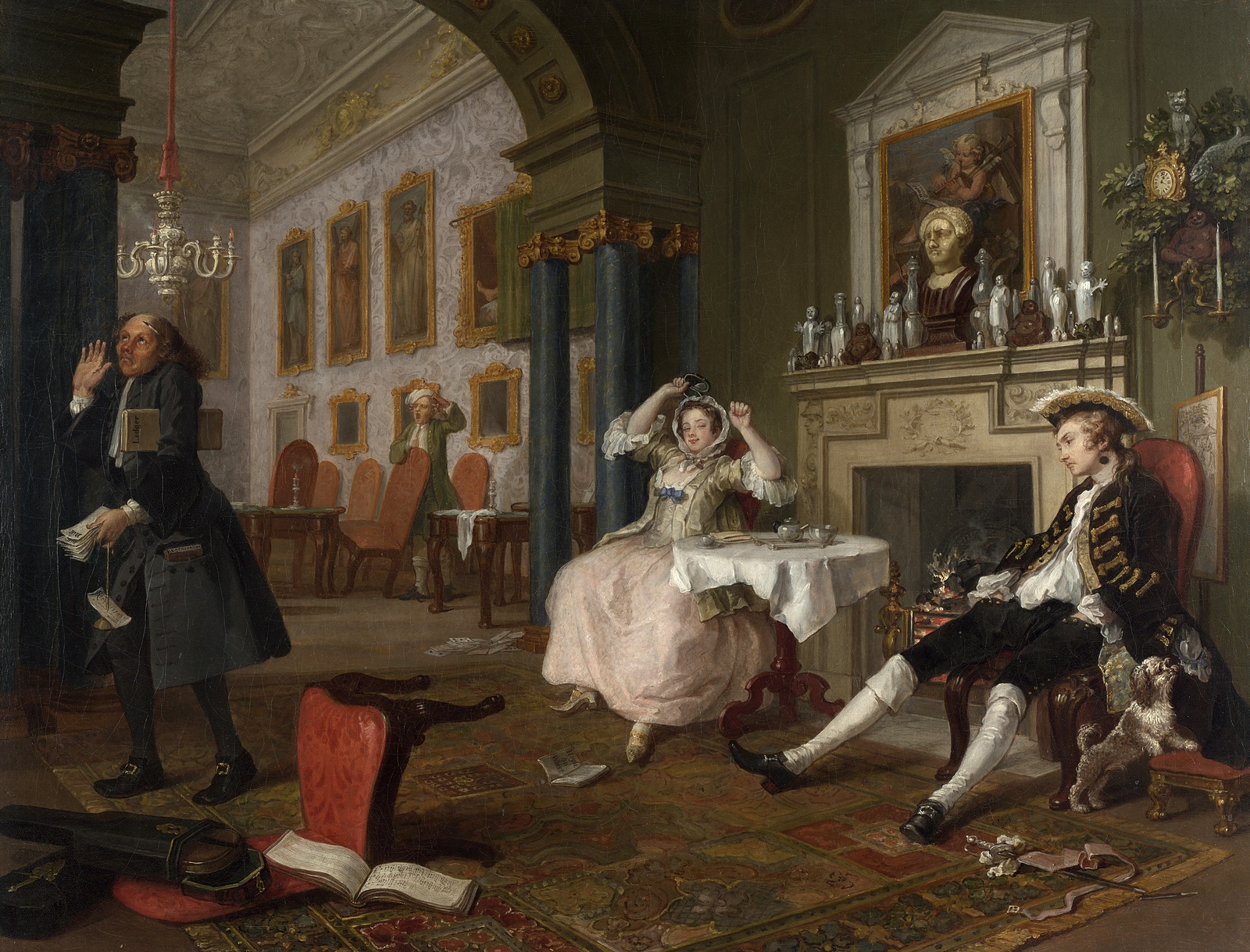 Painting of a chaotic scene in an opulent room, with people reacting dramatically and objects strewn about.