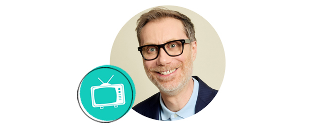 Stephen Merchant headshot with television icon.