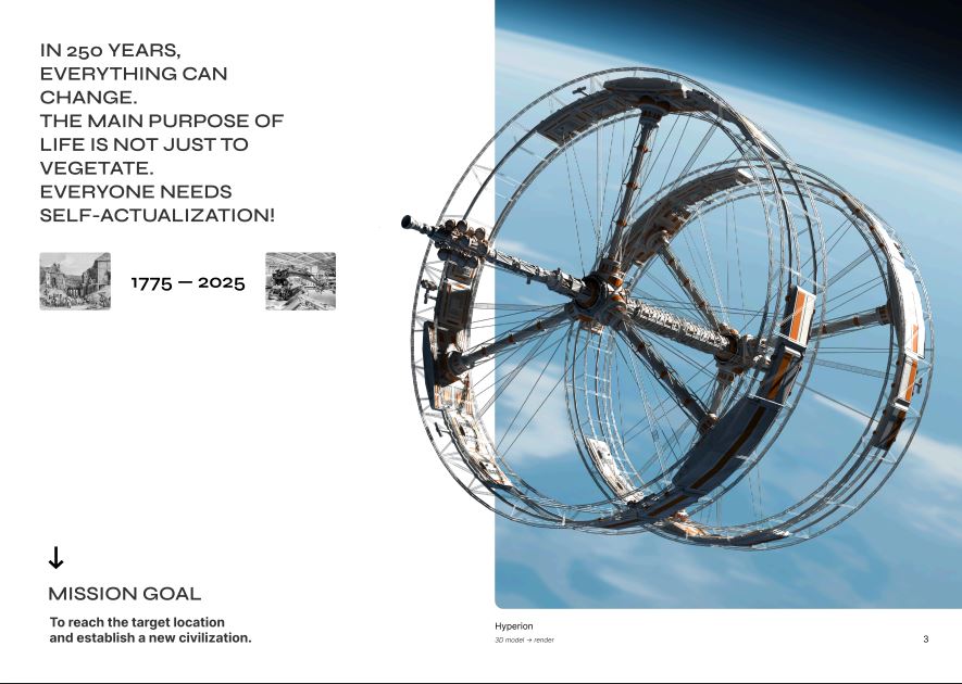 Illustration of a space station and historical photos showing societal change.