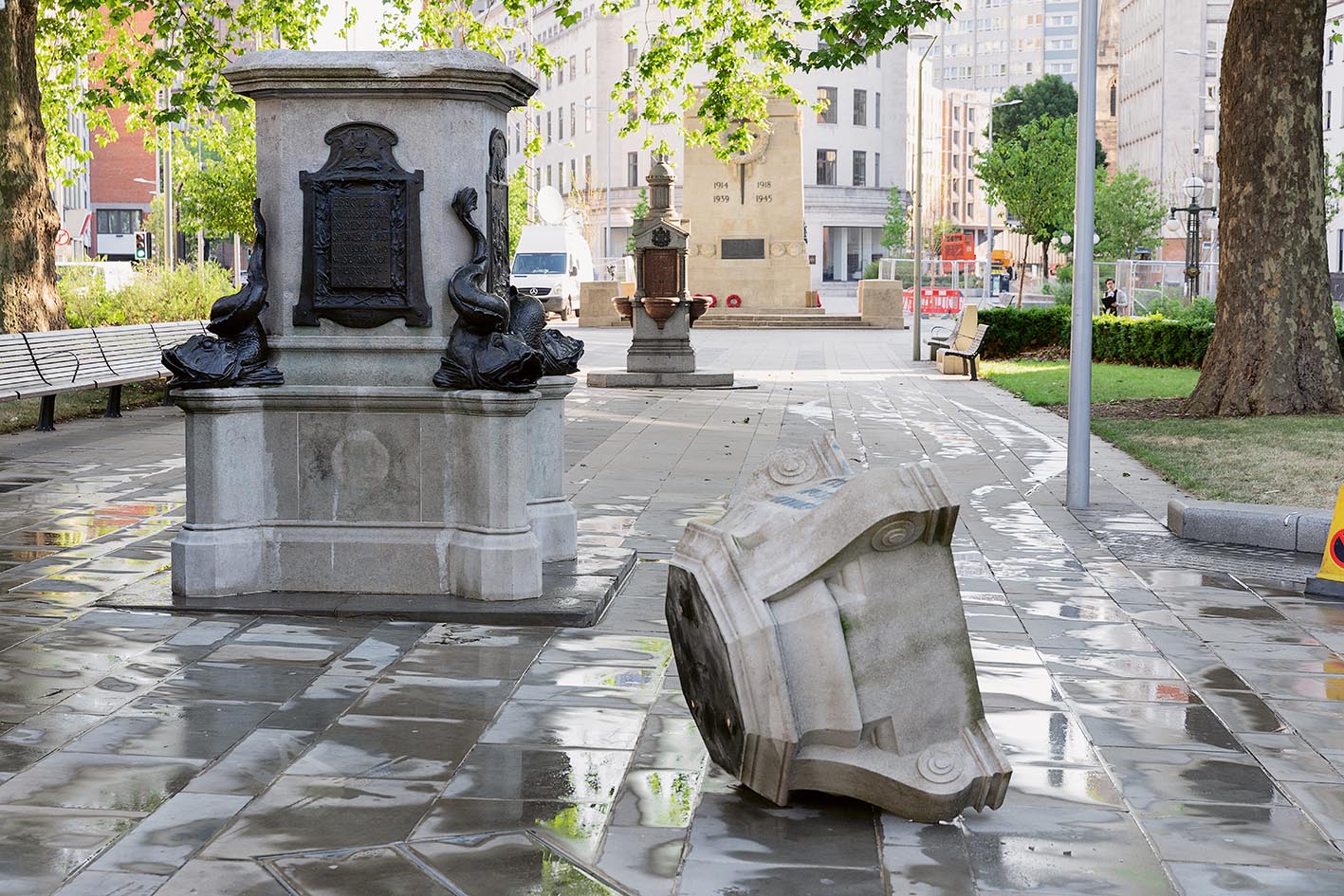 Toppled plinth from the Edward Colston statue in Bristol, England.