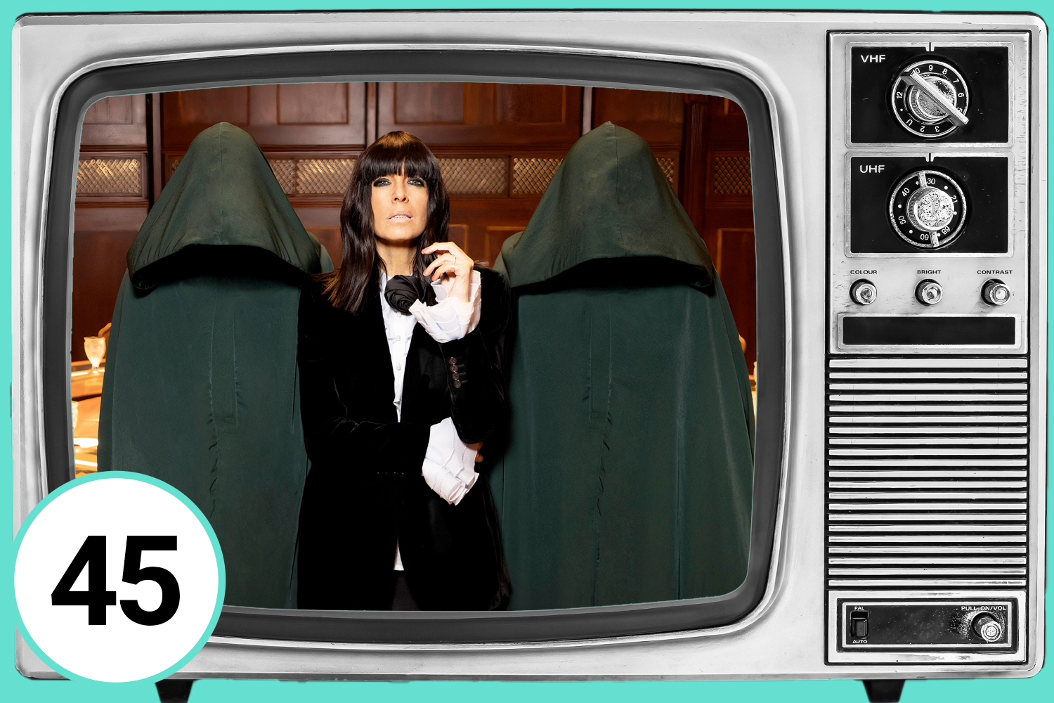 Illustration of Claudia Winkleman on the set of The Traitors, in a television screen. Number 45 is visible.