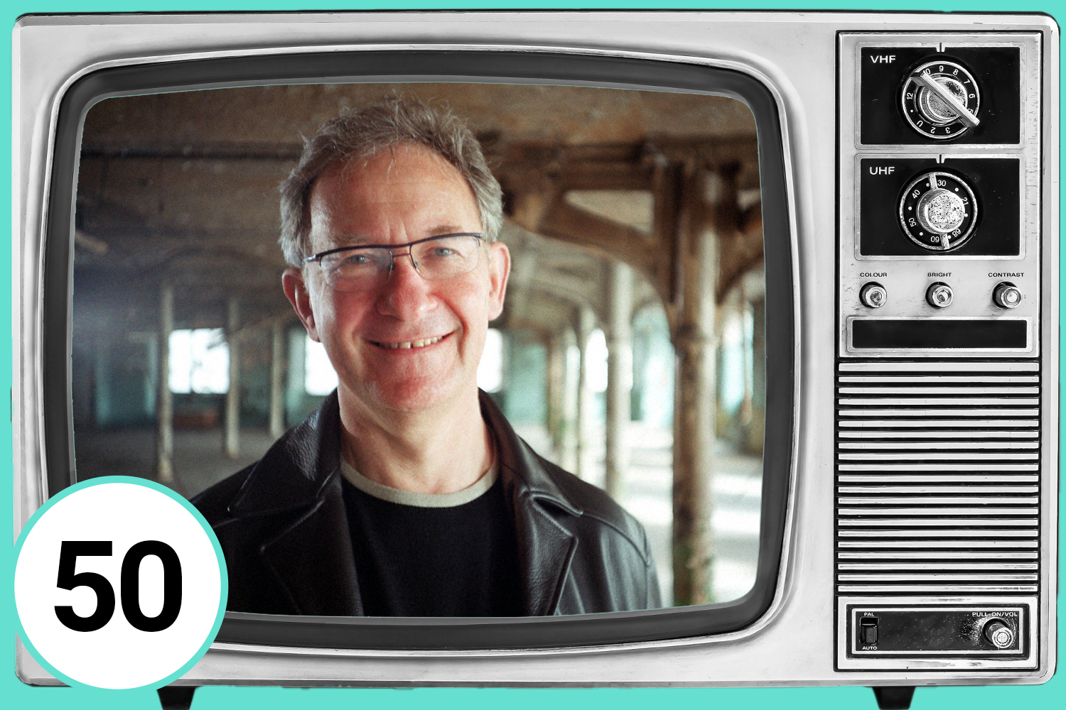 Illustration of Simon Schama on a vintage television screen.