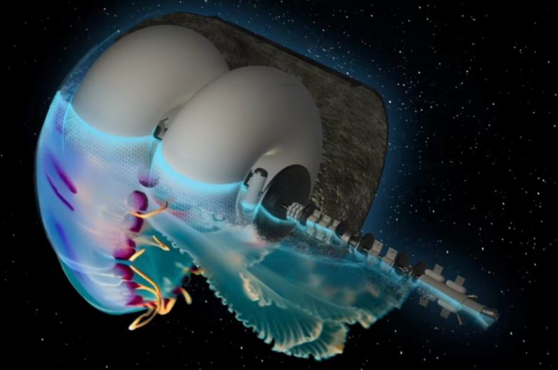 Illustration of a spaceship design concept.