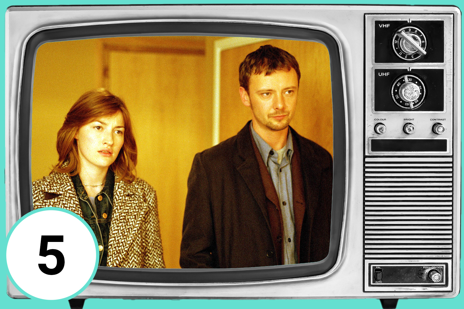 Illustration of a vintage television showing a scene from State of Play, numbered 5.